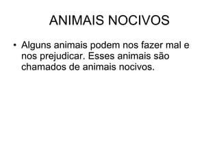 ANIMAIS NOCIVOS Alguns animais podem nos fazer mal e nos prejudicar. Esses animais são chamados de animais nocivos.  