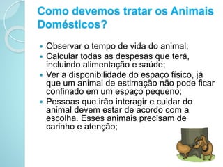 Como devemos tratar os Animais
Domésticos?
 Observar o tempo de vida do animal;
 Calcular todas as despesas que terá,
incluindo alimentação e saúde;
 Ver a disponibilidade do espaço físico, já
que um animal de estimação não pode ficar
confinado em um espaço pequeno;
 Pessoas que irão interagir e cuidar do
animal devem estar de acordo com a
escolha. Esses animais precisam de
carinho e atenção;
 