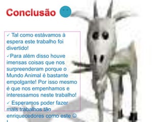  Tal como estávamos à
espera este trabalho foi
divertido!
Para além disso houve
imensas coisas que nos
surpreenderam porque o
Mundo Animal é bastante
empolgante! Por isso mesmo
é que nos empenhamos e
interessamos neste trabalho!
 Esperamos poder fazer
mais trabalhos tão
enriquecedores como este 
 
