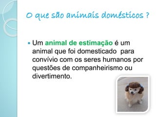 O que são animais domésticos ?
 Um animal de estimação é um
animal que foi domesticado para
convívio com os seres humanos por
questões de companheirismo ou
divertimento.
 