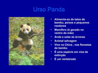 2
Urso Panda
• Alimenta-se de talos de
bambu, peixes e pequenos
roedores
• Mamífero (é gerado no
ventre da mãe)
• Anda e sobe às árvores
• Animal selvagem
• Vive na China , nas florestas
de bambu
• É uma espécie em vias de
extinção
• É um vertebrado
 