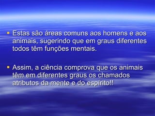 Estas são áreas comuns aos homens e aos animais, sugerindo que em graus diferentes todos têm funções mentais. Assim, a ciência comprova que os animais têm em diferentes graus os chamados atributos da mente e do espírito!! 