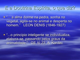 “ ... a alma dorme na pedra, sonha no vegetal, agita-se no animal e desperta no homem.”  LEON DENIS (1846-1927) “ ...o princípio inteligente se individualiza, elabora-se, passando pelos graus da animalidade.”  GE XI 23  A. Kardec E a Doutrina Espírita, o que diz? 