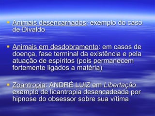 Animais desencarnados : exemplo do caso de Divaldo  Animais em desdobramento : em casos de doença, fase terminal da existência e pela atuação de espíritos (pois permanecem fortemente ligados a matéria) Zoantropia : ANDRÉ LUIZ em  Libertação  exemplo de licantropia desencadeada por hipnose do obsessor sobre sua vítima 
