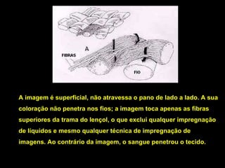 A imagem é superficial, não atravessa o pano de lado a lado. A sua
coloração não penetra nos fios; a imagem toca apenas as fibras
superiores da trama do lençol, o que exclui qualquer impregnação
de líquidos e mesmo qualquer técnica de impregnação de
imagens. Ao contrário da imagem, o sangue penetrou o tecido.

 
