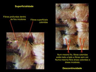 Superficialidade

Fibras profundas dentro
de fios incolores

Fibras superficiais
coloridas

Num mesmo fio, fibras coloridas
estão lado a lado a fibras sem cor.
Numa mesma fibra áreas coloridas e
áreas incolores.

Descontinuidade

 