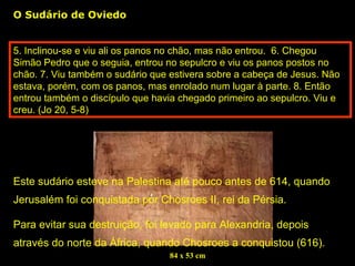 O Sudário de Oviedo

5. Inclinou-se e viu ali os panos no chão, mas não entrou.  6. Chegou 
Simão Pedro que o seguia, entrou no sepulcro e viu os panos postos no 
chão. 7. Viu também o sudário que estivera sobre a cabeça de Jesus. Não 
estava, porém, com os panos, mas enrolado num lugar à parte. 8. Então 
entrou também o discípulo que havia chegado primeiro ao sepulcro. Viu e 
creu. (Jo 20, 5-8)

Este sudário esteve na Palestina até pouco antes de 614, quando 
Jerusalém foi conquistada por Chosroes II, rei da Pérsia.
Para evitar sua destruição, foi levado para Alexandria, depois 
através do norte da África, quando Chosroes a conquistou (616). 
84 x 53 cm

 