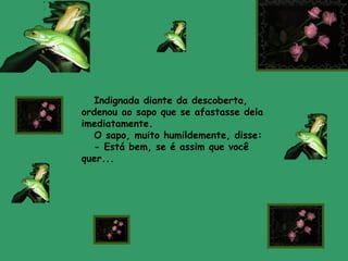 Indignada diante da descoberta,
ordenou ao sapo que se afastasse dela
imediatamente.
O sapo, muito humildemente, disse:
- Está bem, se é assim que você
quer...
 