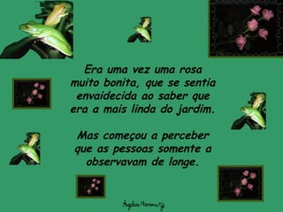 Era uma vez uma rosa
muito bonita, que se sentia
envaidecida ao saber que
era a mais linda do jardim.
Mas começou a perceber
que as pessoas somente a
observavam de longe.
 