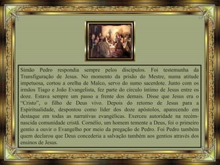 Simão Pedro respondia sempre pelos discípulos. Foi testemunha da
Transfiguração de Jesus. No momento da prisão do Mestre, numa atitude
impetuosa, cortou a orelha de Malco, servo do sumo sacerdote. Junto com os
irmãos Tiago e João Evangelista, fez parte do círculo íntimo de Jesus entre os
doze. Estava sempre um passo a frente dos demais. Disse que Jesus era o
“Cristo”, o filho de Deus vivo. Depois do retorno de Jesus para a
Espiritualidade, despontou como líder dos doze apóstolos, aparecendo em
destaque em todas as narrativas evangélicas. Exerceu autoridade na recém-
nascida comunidade cristã. Cornélio, um homem temente a Deus, foi o primeiro
gentio a ouvir o Evangelho por meio da pregação de Pedro. Foi Pedro também
quem declarou que Deus concederia a salvação também aos gentios através dos
ensinos de Jesus.
 