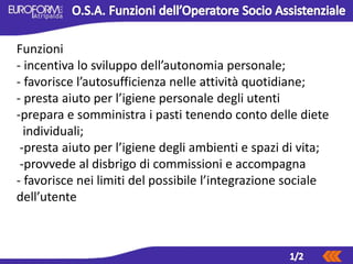 Funzioni
- incentiva lo sviluppo dell’autonomia personale;
- favorisce l’autosufficienza nelle attività quotidiane;
- presta aiuto per l’igiene personale degli utenti
-prepara e somministra i pasti tenendo conto delle diete
individuali;
-presta aiuto per l’igiene degli ambienti e spazi di vita;
-provvede al disbrigo di commissioni e accompagna
- favorisce nei limiti del possibile l’integrazione sociale
dell’utente
 