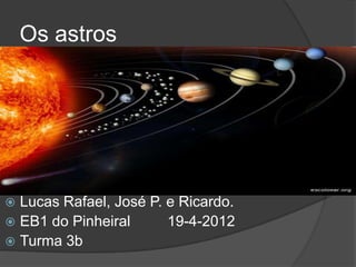 Os astros




 Lucas Rafael, José P. e Ricardo.
 EB1 do Pinheiral      19-4-2012
 Turma 3b
 