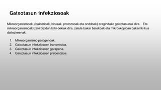 Gaixotasun infekziosoak
Mikroorganismoek, (bakterioak, birusak, protozooak eta onddoak) eragindako gaixotasunak dira. Eta
mikroorganismoak izaki bizidun txiki-txikiak dira, zelula bakar batekoak eta mikroskopioan bakarrik ikus
daitezkeenak.
1. Mikroorganismo patogenoak.
2. Gaixotasun infekziosoen transmisioa.
3. Gaixotasun infekziosoen garapena.
4. Gaixotasun infekziosoen prebentzioa.
 