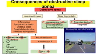 Consequences of obstructive sleep
apnea
Obstructive apnea
Intermittent hypoxia Sleep fragmentation
Inflammation
Sympathetic activation
Oxidative stress
Endothelial dysfunction
Metabolic dysregulation
Insulin resistance
B cell function
Type 2 DM
Excessive daytime
sleepiness
- Neurocognitive function
- Behavioral change
- Personality change
Cardiovascular disease
- Hypertension
- CAD
- CHF
- Pulmonary
hypertension
- Arrhythmia
 