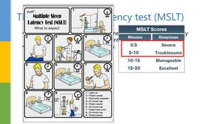 The multiple sleep latency test (MSLT)
• Is tests for excessive daytime sleepiness by measuring how quickly
you fall asleep in a quiet environment during the day.
• Also known as a daytime nap study.
 