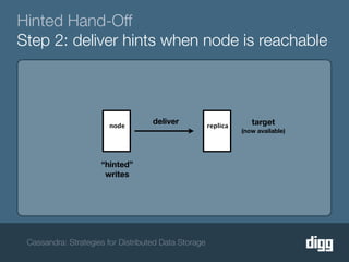 Hinted Hand-Off
Step 2: deliver hints when node is reachable




                        node
                                    deliver           replica      target
                                                                (now available)




                     “hinted”
                      writes




 Cassandra: Strategies for Distributed Data Storage
 