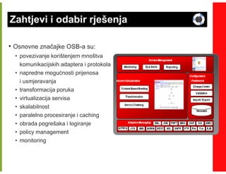Zahtjevi i odabir rješenja

• Osnovne značajke OSB-a su:
                   OSB-
  • povezivanje korištenjem mnoštva
    komunikacijskih adaptera i protokola
  • napredne mogućnosti prijenosa
    i usmjeravanja
  • transformacija poruka
  • virtualizacija servisa
  • skalabilnost
  • paralelno procesiranje i caching
  • obrada pogrešaka i logiranje
  • policy management
  • monitoring
 