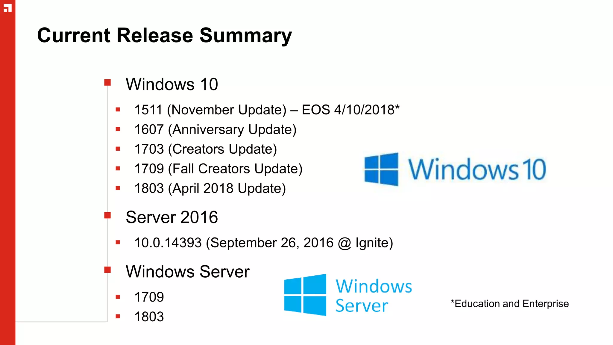 Current Release Summary
 Windows 10
 1511 (November Update) – EOS 4/10/2018*
 1607 (Anniversary Update)
 1703 (Creators Update)
 1709 (Fall Creators Update)
 1803 (April 2018 Update)
 Server 2016
 10.0.14393 (September 26, 2016 @ Ignite)
 Windows Server
 1709
 1803
*Education and Enterprise
 