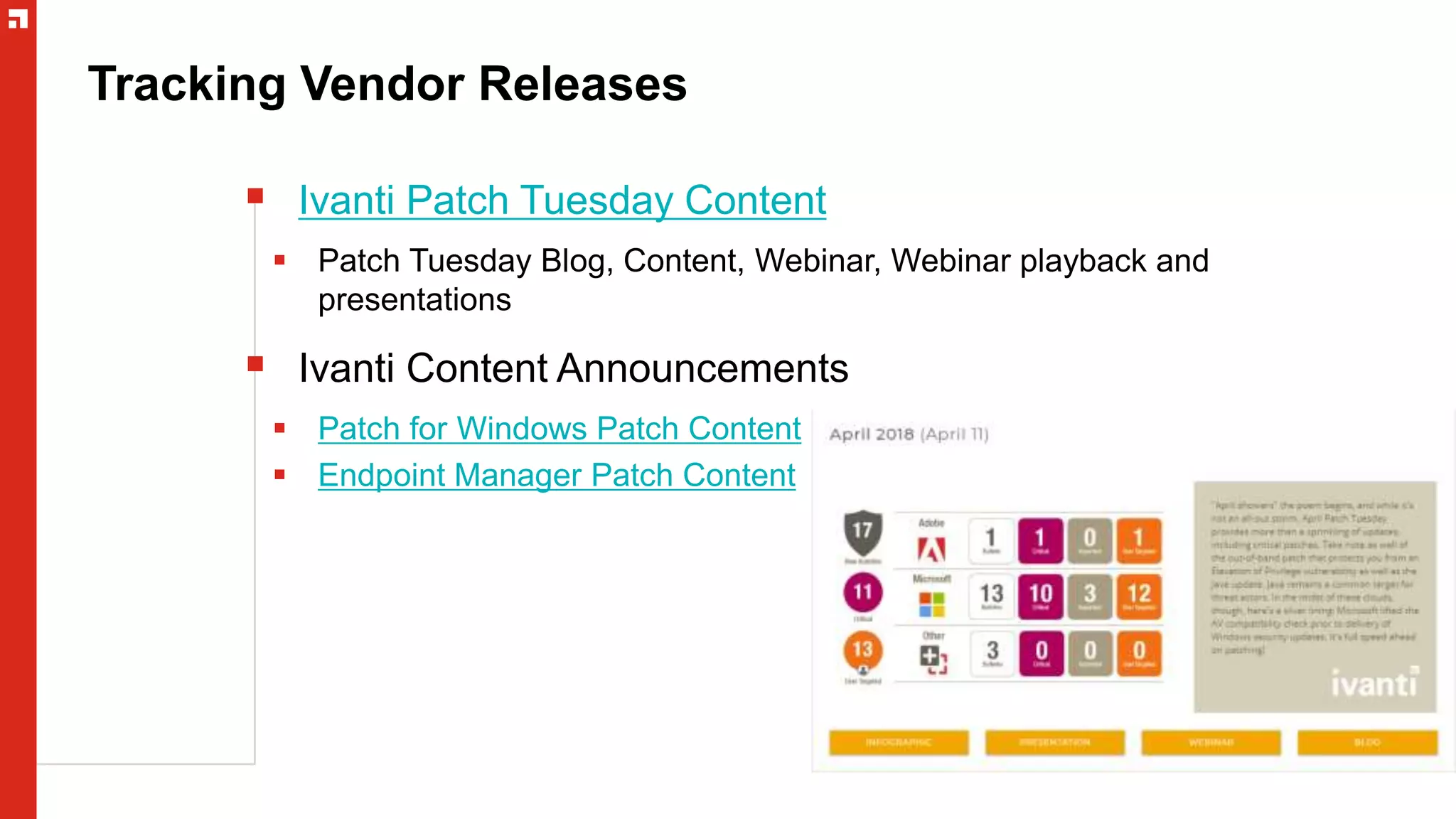 Tracking Vendor Releases
 Ivanti Patch Tuesday Content
 Patch Tuesday Blog, Content, Webinar, Webinar playback and
presentations
 Ivanti Content Announcements
 Patch for Windows Patch Content
 Endpoint Manager Patch Content
 