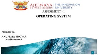 111
ASSESSMENT - 1
OPERATING SYSTEM
PRESENTED BY:-
ANUPRITA BHOYAR
2019-B-19072001A
 
