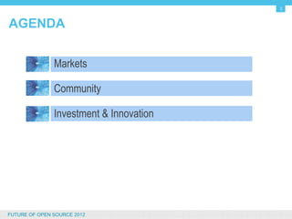 3


AGENDA


                  Markets

                  Community

                  Investment & Innovation




FUTURE OF OPEN SOURCE 2012
 