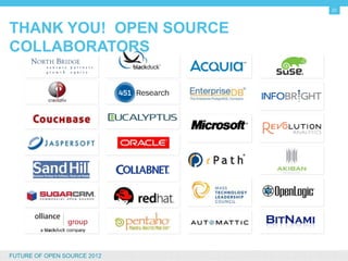 31


THANK YOU! OPEN SOURCE COLLABORATORS




FUTURE OF OPEN SOURCE 2012
 