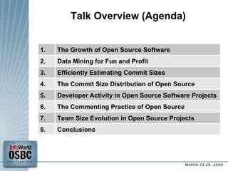Talk Overview (Agenda) ‏ The Growth of Open Source Software Data Mining for Fun and Profit Efficiently Estimating Commit Sizes Developer Activity in Open Source Software Projects 1. 2. 3. 5. The Commit Size Distribution of Open Source 4. The Commenting Practice of Open Source 6. Team Size Evolution in Open Source Projects 7. Conclusions 8. 