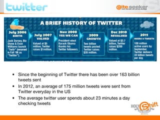 •  Since the beginning of Twitter there has been over 163 billion
    tweets sent 
 •  In 2012, an average of 175 million tweets were sent from
    Twitter everyday in the US
 •  The average twitter user spends about 23 minutes a day
    checking tweets

 