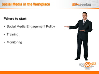 Social Media in the Workplace


 Where to start:

 •  Social Media Engagement Policy

 •  Training

 •  Monitoring
 
