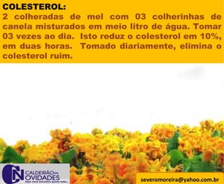[email_address] COLESTEROL: 2 colheradas de mel com 03 colherinhas de canela misturados em meio litro de água. Tomar 03 vezes ao dia.  Isto reduz o colesterol em 10%, em duas horas.  Tomado diariamente, elimina o colesterol ruim.  