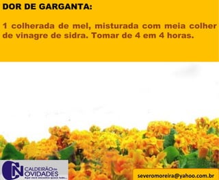 [email_address] DOR DE GARGANTA:   1 colherada de mel, misturada com meia colher de vinagre de sidra. Tomar de 4 em 4 horas. 