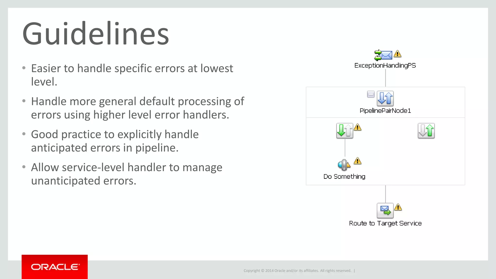 Guidelines 
• Easier to handle specific errors at lowest 
level. 
• Handle more general default processing of 
errors using higher level error handlers. 
• Good practice to explicitly handle 
anticipated errors in pipeline. 
• Allow service-level handler to manage 
unanticipated errors. 
Copyright © 2014 Oracle and/or its affiliates. All rights reserved. | 
 