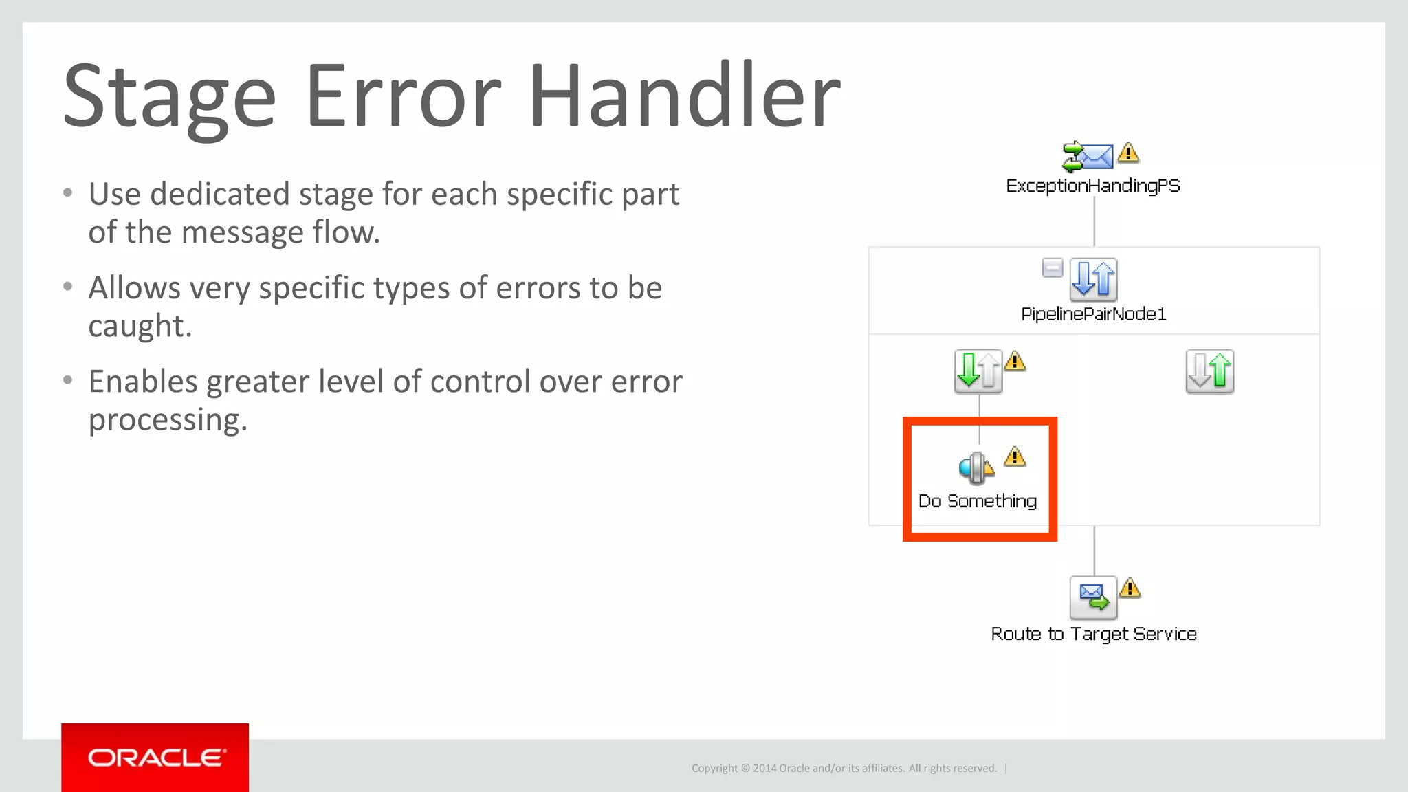 Stage Error Handler 
• Use dedicated stage for each specific part 
of the message flow. 
• Allows very specific types of errors to be 
caught. 
• Enables greater level of control over error 
processing. 
Copyright © 2014 Oracle and/or its affiliates. All rights reserved. | 
 