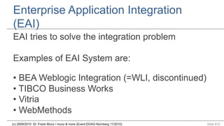 Enterprise Application Integration
(EAI)
EAI tries to solve the integration problem
Examples of EAI System are:
•  BEA Weblogic Integration (=WLI, discontinued)
•  TIBCO Business Works
•  Vitria
•  WebMethods
(c) 2009/2010 Dr. Frank Munz / munz & more (Event:DOAG Nürnberg 11/2010)

Slide #10

 