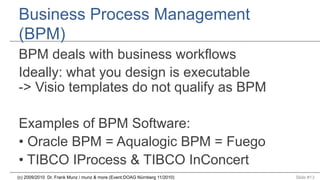 Business Process Management
(BPM)
BPM deals with business workflows
Ideally: what you design is executable
-> Visio templates do not qualify as BPM
Examples of BPM Software:
•  Oracle BPM = Aqualogic BPM = Fuego
•  TIBCO IProcess & TIBCO InConcert
(c) 2009/2010 Dr. Frank Munz / munz & more (Event:DOAG Nürnberg 11/2010)

Slide #13

 