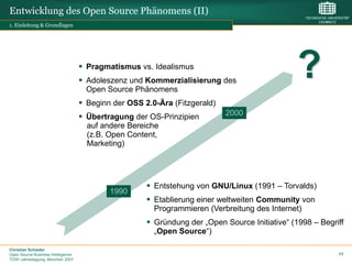 Entwicklung des Open Source Phänomens (II)
1. Einleitung & Grundlagen




                                     Pragmatismus vs. Idealismus
                                     Adoleszenz und Kommerzialisierung des
                                      Open Source Phänomens
                                                                                                ?
                                     Beginn der OSS 2.0-Ära (Fitzgerald)
                                     Übertragung der OS-Prinzipien         2000
                                      auf andere Bereiche
                                      (z.B. Open Content,
                                      Marketing)




                                                       Entstehung von GNU/Linux (1991 – Torvalds)
                                            1990
                                                       Etablierung einer weltweiten Community von
                                                        Programmieren (Verbreitung des Internet)
                                                       Gründung der „Open Source Initiative“ (1998 – Begriff
                                                        „Open Source“)

Christian Schieder
Open Source Business Intelligence                                                                          11
TDWI Jahrestagung, München 2007
 
