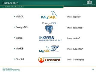 Datenbanken
2.1 Marktüberblick.Datenbanken




                     MySQL               “most popular“



                     PostgreSQL          “most advanced“



                     Ingres              “most ranked“



                     MaxDB               “most supported“



                     Firebird      fgh   “most challenging“


Christian Schieder
Open Source Business Intelligence                              22
TDWI Jahrestagung, München 2007
 