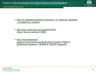 Weitere Informationen zu (Open Source) Datenbanken
2.1 Marktüberblick.Datenbanken




                       http://en.wikipedia.org/wiki/Comparison_of_relational_database
                        _management_systems


                       http://www.heise.de/open/artikel/70100/0
                        (Open Source Jahrbuch 2006)


                       http://www.datenbank-
                        spektrum.de/v2/archiv/produkte.html?nummer=19&id=2
                        (Datenbank Spektrum 19/2006 & 22/2007 [August!])




Christian Schieder
Open Source Business Intelligence                                                        29
TDWI Jahrestagung, München 2007
 