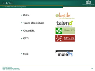 ETL/EII
2.2 Marktüberblick.Datenintegration




                                     Kettle


                                     Talend Open Studio


                                     CloverETL


                                     KETL




                                     Mule




Christian Schieder
Open Source Business Intelligence                          31
TDWI Jahrestagung, München 2007
 