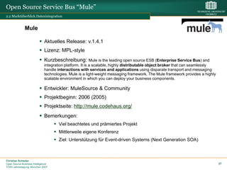 Open Source Service Bus “Mule”
2.2 Marktüberblick.Datenintegration


              Mule

                           Aktuelles Release: v.1.4.1
                           Lizenz: MPL-style
                           Kurzbeschreibung:             Mule is the leading open source ESB (Enterprise Service Bus) and
                              integration platform. It is a scalable, highly distributable object broker that can seamlessly
                              handle interactions with services and applications using disparate transport and messaging
                              technologies. Mule is a light-weight messaging framework. The Mule framework provides a highly
                              scalable environment in which you can deploy your business components.

                           Entwickler: MuleSource & Community
                           Projektbeginn: 2006 (2005)
                           Projektseite: http://mule.codehaus.org/
                           Bemerkungen:
                                     Viel beachtetes und prämiertes Projekt
                                     Mittlerweile eigene Konferenz
                                     Ziel: Unterstützung für Event-driven Systems (Next Generation SOA)



Christian Schieder
Open Source Business Intelligence                                                                                              37
TDWI Jahrestagung, München 2007
 