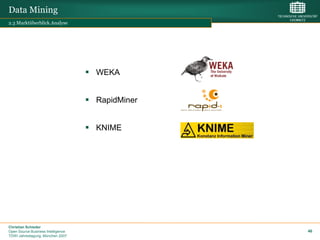 Data Mining
2.3 Marktüberblick.Analyse




                                     WEKA


                                     RapidMiner


                                     KNIME




Christian Schieder
Open Source Business Intelligence                  46
TDWI Jahrestagung, München 2007
 