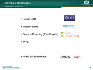 Reporting & Dashboards
2.4 Marktüberblick.Presentation




                                     Eclipse BIRT


                                     JasperReports


                                     Pentaho Reporting (jFreeReports)


                                     jPivot




                                     MARVELit Dash Portal


Christian Schieder
Open Source Business Intelligence                                        58
TDWI Jahrestagung, München 2007
 
