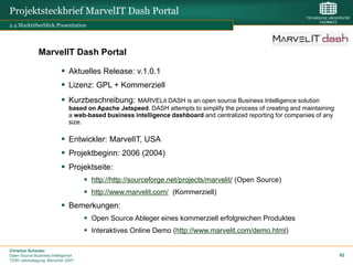 Projektsteckbrief MarvelIT Dash Portal
2.4 Marktüberblick.Presentation




              MarvelIT Dash Portal

                           Aktuelles Release: v.1.0.1
                           Lizenz: GPL + Kommerziell
                           Kurzbeschreibung:       MARVELit DASH is an open source Business Intelligence solution
                              based on Apache Jetspeed. DASH attempts to simplify the process of creating and maintaining
                              a web-based business intelligence dashboard and centralized reporting for companies of any
                              size.

                           Entwickler: MarvelIT, USA
                           Projektbeginn: 2006 (2004)
                           Projektseite:
                                     http://http://sourceforge.net/projects/marvelit/ (Open Source)
                                     http://www.marvelit.com/ (Kommerziell)
                           Bemerkungen:
                                     Open Source Ableger eines kommerziell erfolgreichen Produktes
                                     Interaktives Online Demo (http://www.marvelit.com/demo.html)

Christian Schieder
Open Source Business Intelligence                                                                                           62
TDWI Jahrestagung, München 2007
 