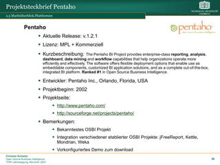 Projektsteckbrief Pentaho
2.5 Marktüberblick.Plattformen


              Pentaho
                           Aktuelle Release: v.1.2.1
                           Lizenz: MPL + Kommerziell
                           Kurzbeschreibung:              The Pentaho BI Project provides enterprise-class reporting, analysis,
                              dashboard, data mining and workflow capabilities that help organizations operate more
                              efficiently and effectively. The software offers flexible deployment options that enable use as
                              embeddable components, customized BI application solutions, and as a complete out-of-the-box,
                              integrated BI platform. Ranked #1 in Open Source Business Intelligence.

                           Entwickler: Pentaho Inc., Orlando, Florida, USA
                           Projektbeginn: 2002
                           Projektseite:
                                     http://www.pentaho.com/
                                     http://sourceforge.net/projects/pentaho/
                           Bemerkungen:
                                     Bekanntestes OSBI Projekt
                                     Integration verschiedener etablierter OSBI Projekte: jFreeReport, Kettle,
                                      Mondrian, Weka
                                     Vorkonfiguriertes Demo zum download
Christian Schieder
Open Source Business Intelligence                                                                                                  66
TDWI Jahrestagung, München 2007
 