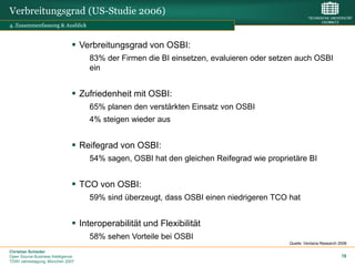 Verbreitungsgrad (US-Studie 2006)
4. Zusammenfassung & Ausblick


                                Verbreitungsgrad von OSBI:
                                    83% der Firmen die BI einsetzen, evaluieren oder setzen auch OSBI
                                    ein


                                Zufriedenheit mit OSBI:
                                    65% planen den verstärkten Einsatz von OSBI
                                    4% steigen wieder aus


                                Reifegrad von OSBI:
                                    54% sagen, OSBI hat den gleichen Reifegrad wie proprietäre BI


                                TCO von OSBI:
                                    59% sind überzeugt, dass OSBI einen niedrigeren TCO hat


                                Interoperabilität und Flexibilität
                                    58% sehen Vorteile bei OSBI
                                                                                         Quelle: Ventana Research 2006

Christian Schieder
Open Source Business Intelligence                                                                                  78
TDWI Jahrestagung, München 2007
 