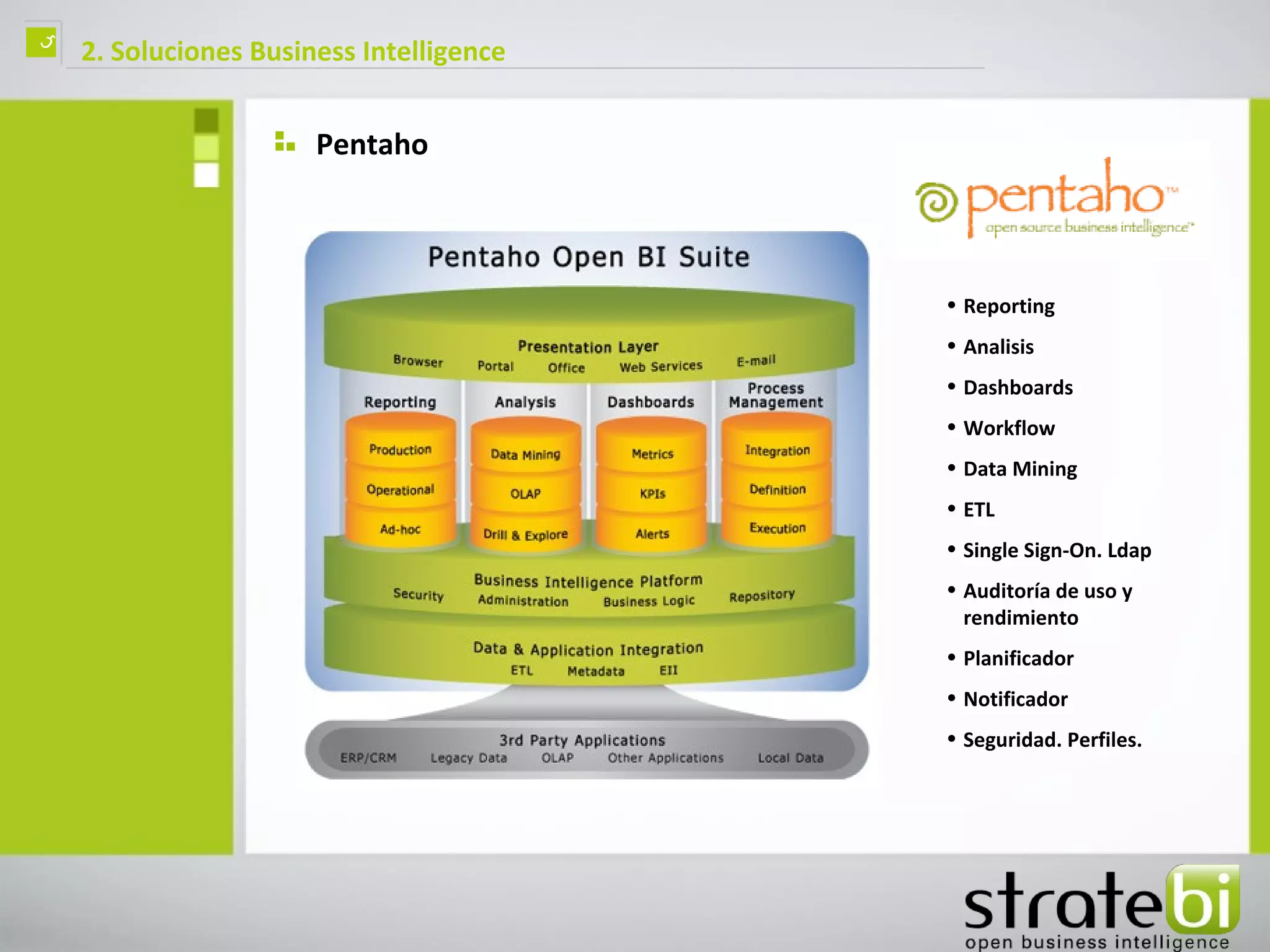 ç   2. Soluciones Business Intelligence


                       Pentaho

                                          Componentes totalmente
                                          integrados

                                              • Reporting
                                              • Analisis
                                              • Dashboards
                                              • Workflow
                                              • Data Mining
                                              • ETL
                                              • Single Sign-On. Ldap
                                              • Auditoría de uso y
                                                rendimiento
                                              • Planificador
                                              • Notificador
                                              • Seguridad. Perfiles.
 