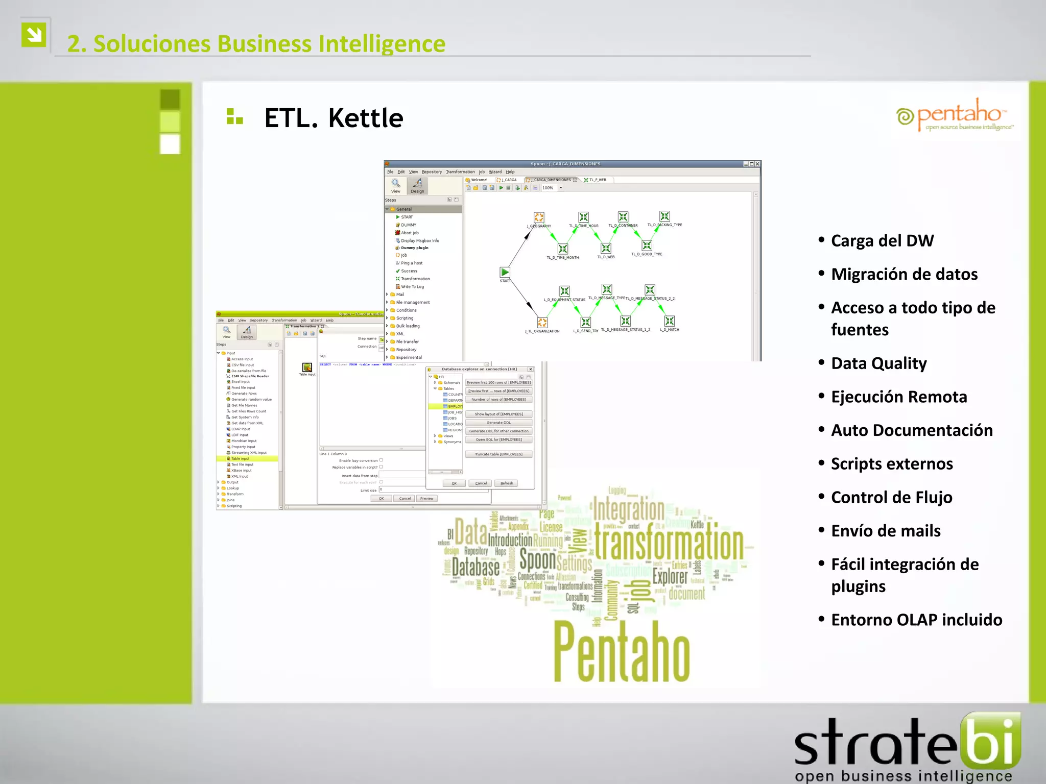    2. Soluciones Business Intelligence

                      ETL. Kettle



                                          • Carga del DW
                                          • Migración de datos
                                          • Acceso a todo tipo de
                                            fuentes
                                          • Data Quality
                                          • Ejecución Remota
                                          • Auto Documentación
                                          • Scripts externos
                                          • Control de Flujo
                                          • Envío de mails
                                          • Fácil integración de
                                            plugins
                                          • Entorno OLAP incluido
 