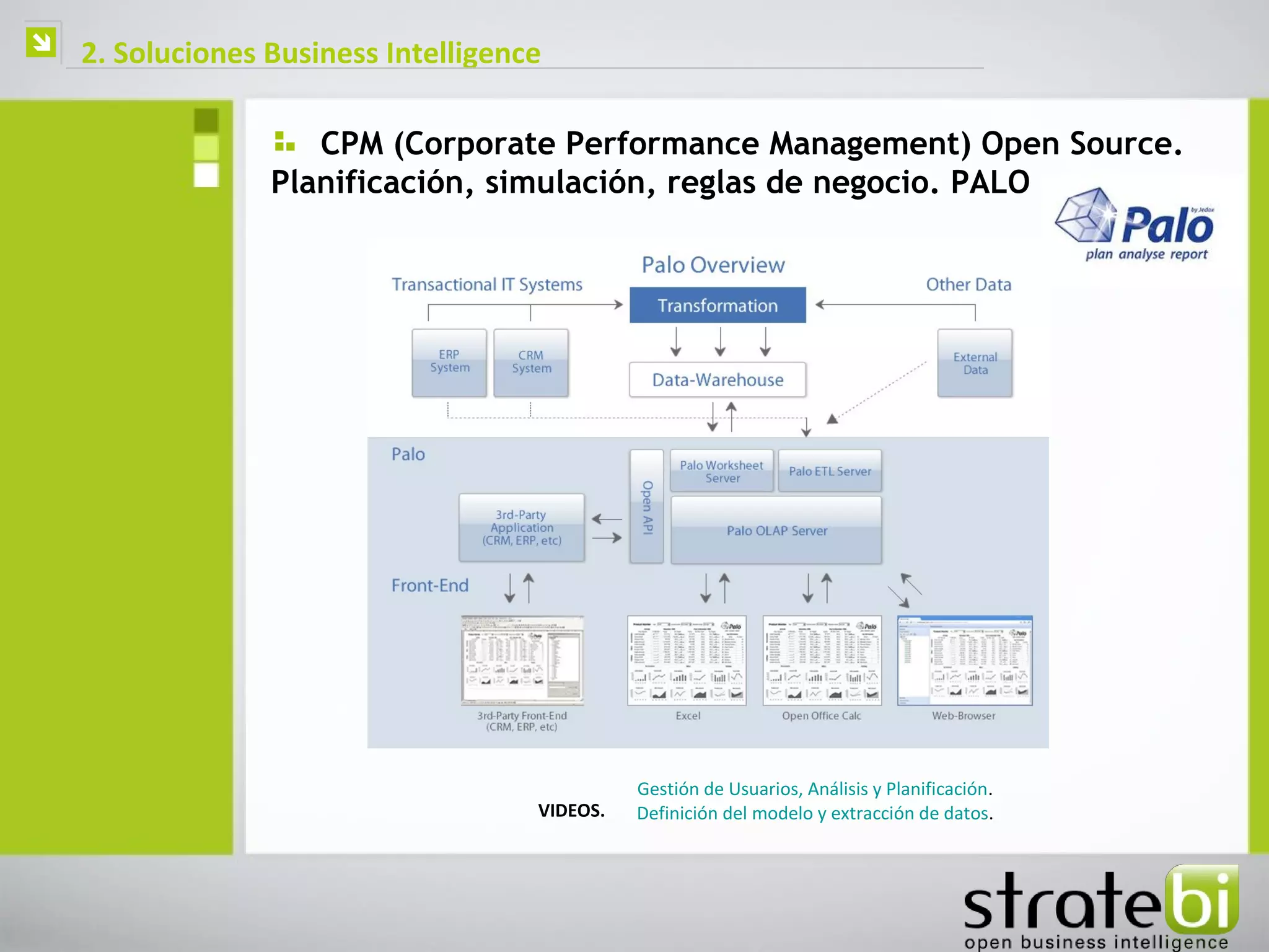    2. Soluciones Business Intelligence

                     CPM (Corporate Performance Management) Open Source.
                  Planificación, simulación, reglas de negocio. PALO




                                                Gestión de Usuarios, Análisis y Planificación.
                                      VIDEOS.   Definición del modelo y extracción de datos.
 
