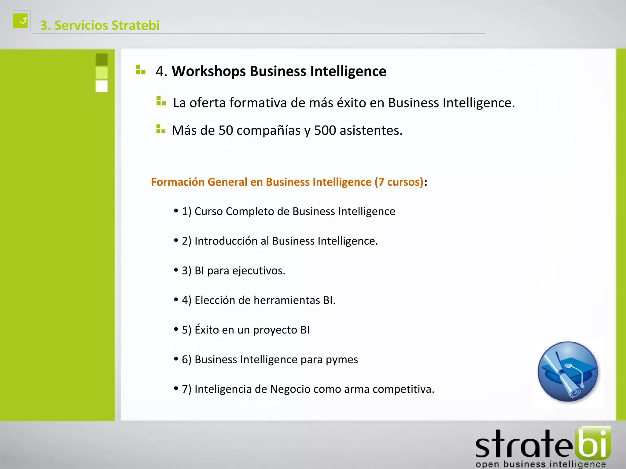 ç   3. Servicios Stratebi


                        4. Workshops Business Intelligence
                            La oferta formativa de más éxito en Business Intelligence.
                            Más de 50 compañías y 500 asistentes.


                       Formación General en Business Intelligence (7 cursos):

                            • 1) Curso Completo de Business Intelligence

                            • 2) Introducción al Business Intelligence.

                            • 3) BI para ejecutivos.

                            • 4) Elección de herramientas BI.

                            • 5) Éxito en un proyecto BI

                            • 6) Business Intelligence para pymes

                            • 7) Inteligencia de Negocio como arma competitiva.
 