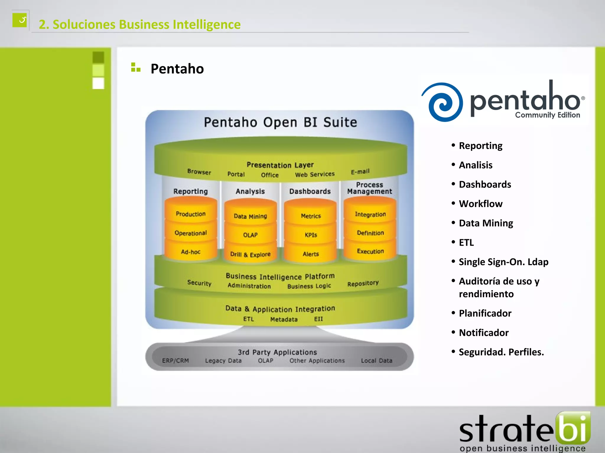 ç   2. Soluciones Business Intelligence


                       Pentaho

                                          Componentes totalmente
                                          integrados

                                              • Reporting
                                              • Analisis
                                              • Dashboards
                                              • Workflow
                                              • Data Mining
                                              • ETL
                                              • Single Sign-On. Ldap
                                              • Auditoría de uso y
                                                rendimiento
                                              • Planificador
                                              • Notificador
                                              • Seguridad. Perfiles.
 